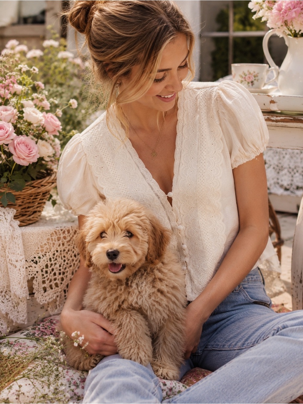 MINE Cream Lace-Trim Puff Sleeve Blouse